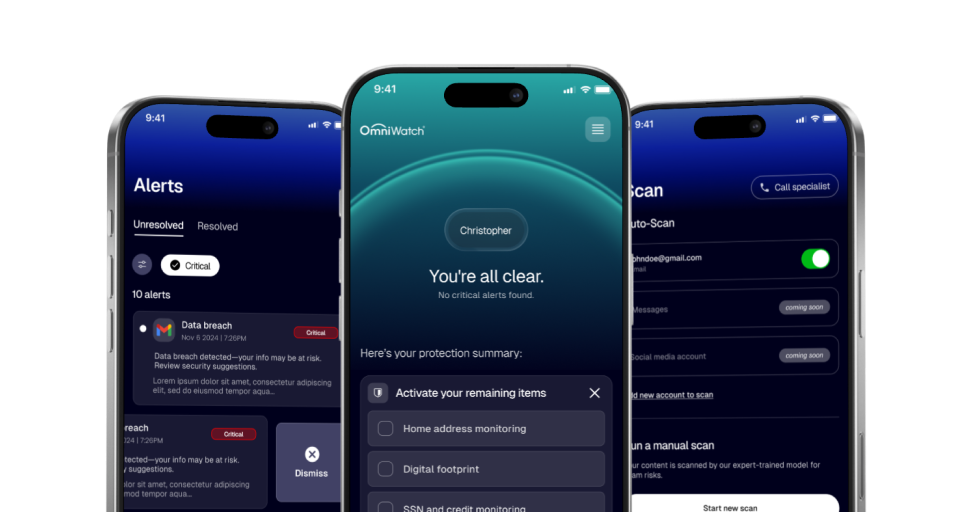 OmniWatch app showing alerts and scan features