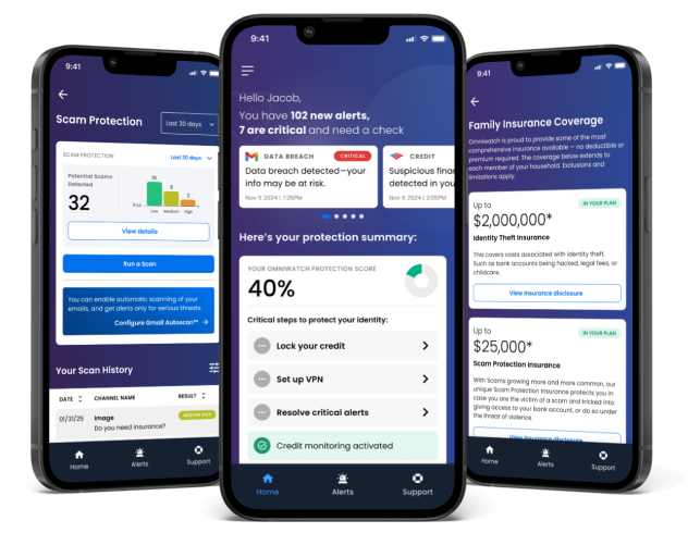 OmniWatch app screens showing monitoring and alerts.