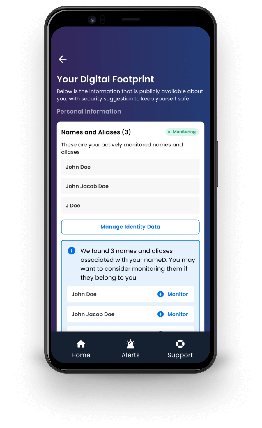 Digital footprint dashboard on mobile device